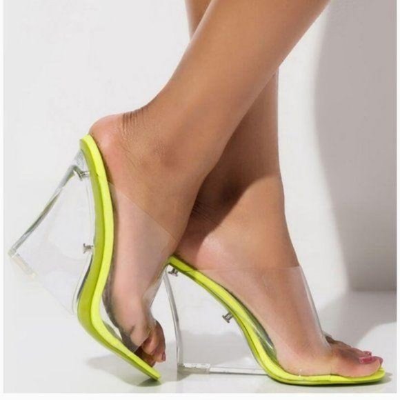 Clear Peep Toe Lucite Wedges in Lime - Picture 3 of 9